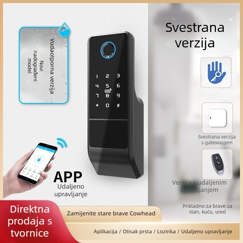 Brava za vrata s otiskom prsta, model VD08 s ključem, kapacitet otisaka 100, >100000 otključavanja, skeniranje <1,5 s, vodootporni aluminijski panel