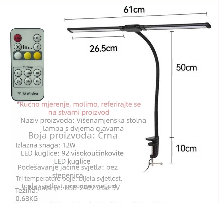 LED stolna lampa s klipsom i fleksibilnim vratom, dvostruka glava, USB napajanje, 12W, aluminijsko sjenilo, zaštita očiju za učenje i čitanje