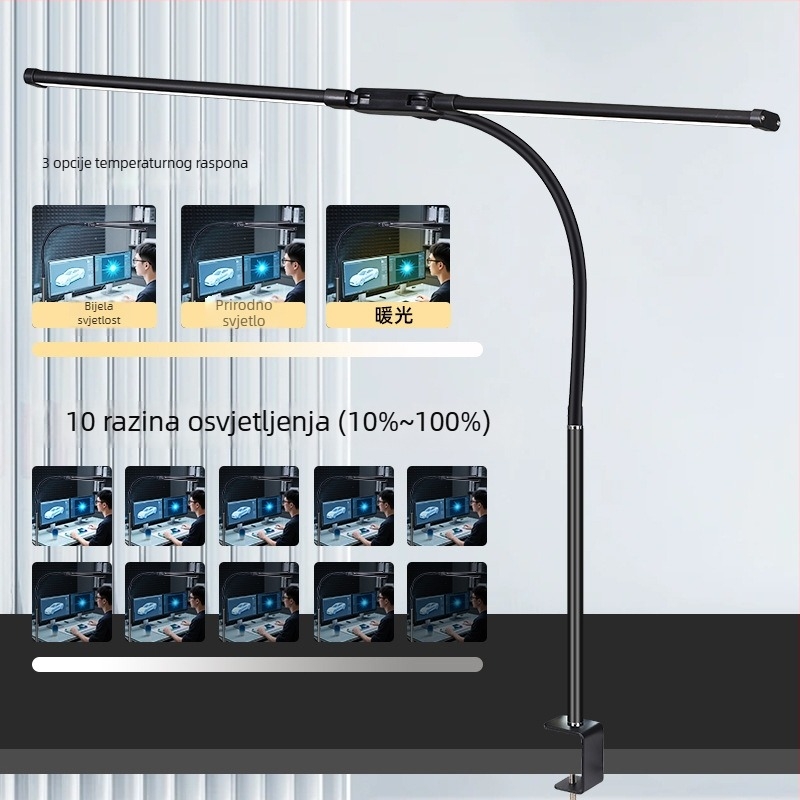 LED stolna lampa s klipsom i fleksibilnim vratom, dvostruka glava, USB napajanje, 12W, aluminijsko sjenilo, zaštita očiju za učenje i čitanje