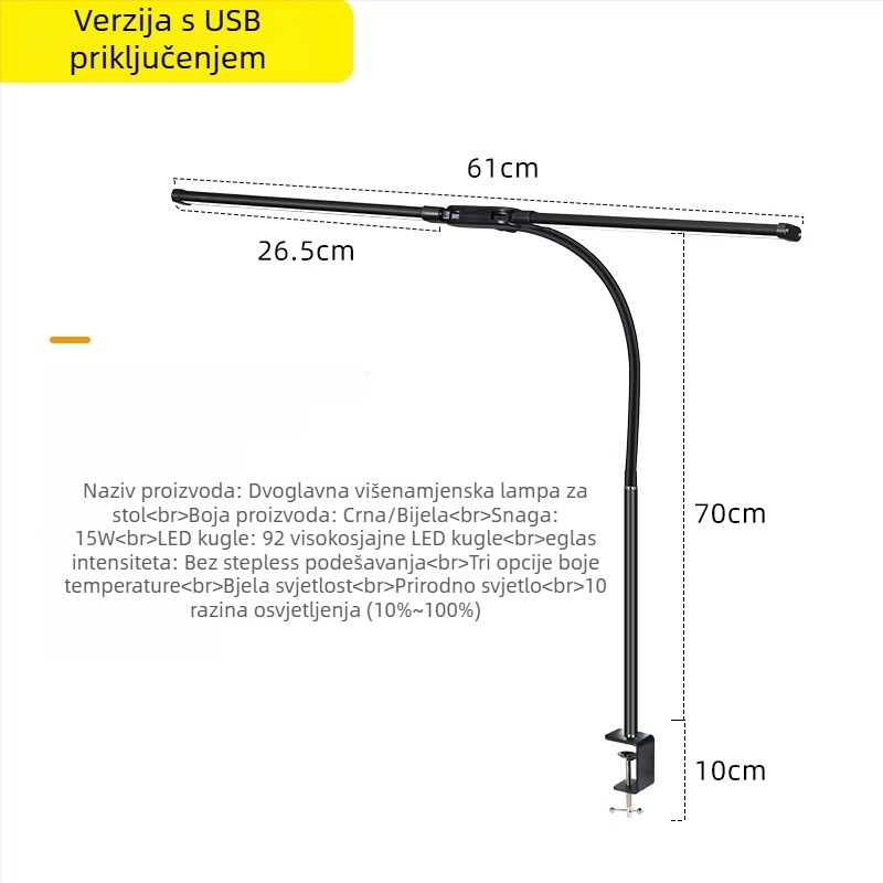 LED stolna lampa s klipsom i fleksibilnim vratom, dvostruka glava, USB napajanje, 12W, aluminijsko sjenilo, zaštita očiju za učenje i čitanje