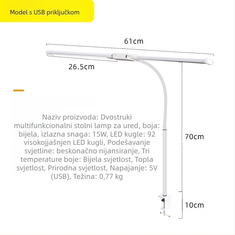 LED stolna lampa s klipsom i fleksibilnim vratom, dvostruka glava, USB napajanje, 12W, aluminijsko sjenilo, zaštita očiju za učenje i čitanje