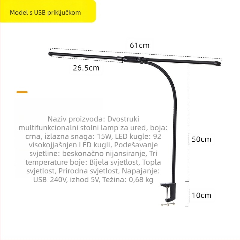 LED stolna lampa s klipsom i fleksibilnim vratom, dvostruka glava, USB napajanje, 12W, aluminijsko sjenilo, zaštita očiju za učenje i čitanje