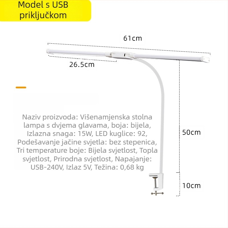 LED stolna lampa s klipsom i fleksibilnim vratom, dvostruka glava, USB napajanje, 12W, aluminijsko sjenilo, zaštita očiju za učenje i čitanje