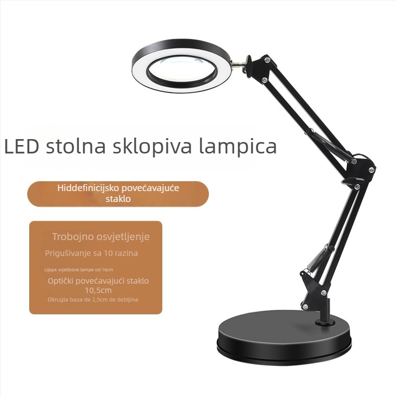 Sklopiva lampica s lupom za šminkanje, manikuru i trepavice – USB napajanje, metalni sjenilnik, gumbni prekidač, CRI 80–89, stolna lampa za čitanje i učenje