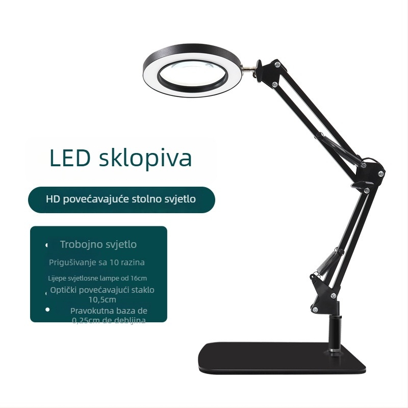 Sklopiva lampica s lupom za šminkanje, manikuru i trepavice – USB napajanje, metalni sjenilnik, gumbni prekidač, CRI 80–89, stolna lampa za čitanje i učenje