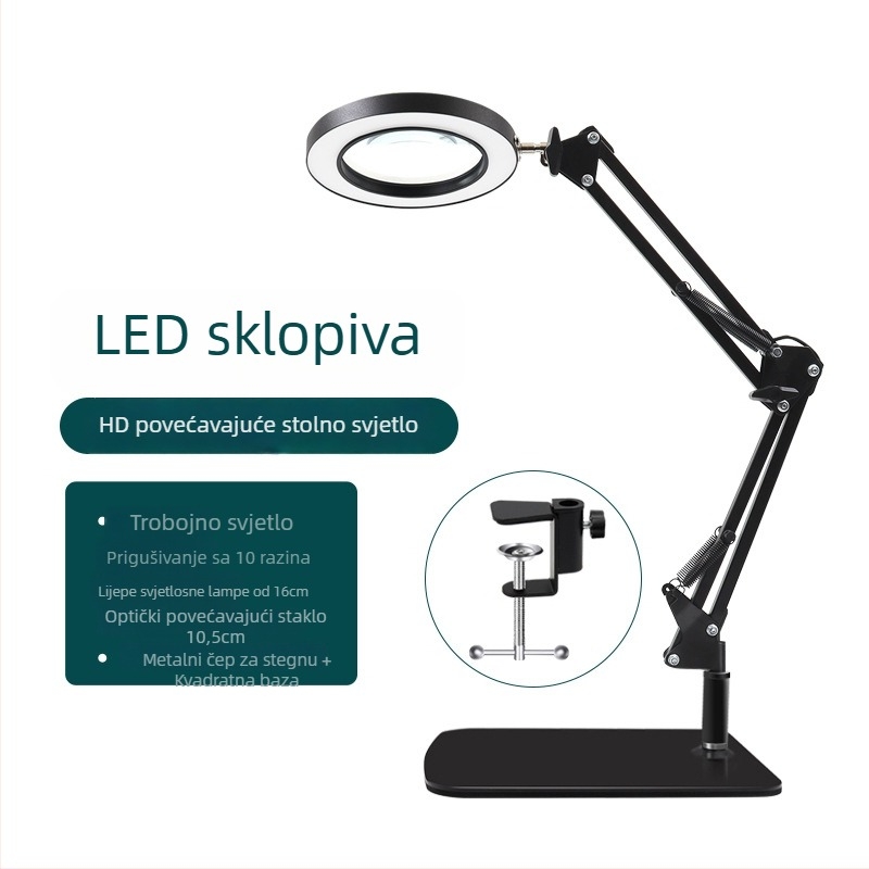 Sklopiva lampica s lupom za šminkanje, manikuru i trepavice – USB napajanje, metalni sjenilnik, gumbni prekidač, CRI 80–89, stolna lampa za čitanje i učenje