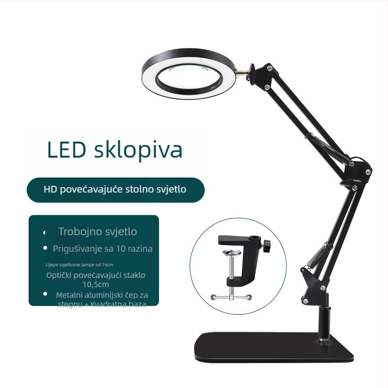 Sklopiva lampica s lupom za šminkanje, manikuru i trepavice – USB napajanje, metalni sjenilnik, gumbni prekidač, CRI 80–89, stolna lampa za čitanje i učenje