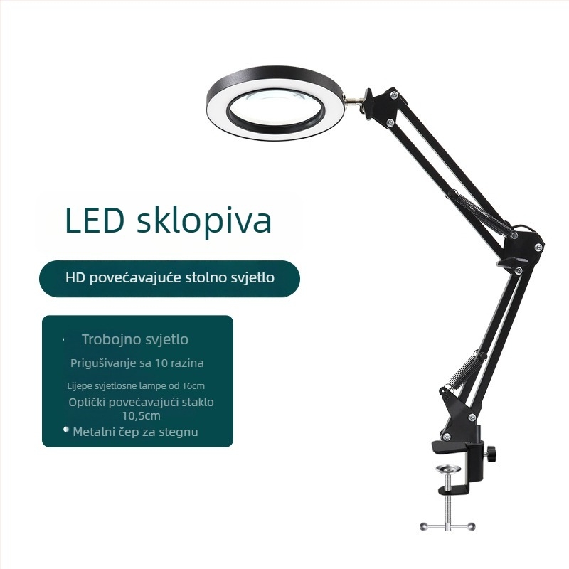 Sklopiva lampica s lupom za šminkanje, manikuru i trepavice – USB napajanje, metalni sjenilnik, gumbni prekidač, CRI 80–89, stolna lampa za čitanje i učenje