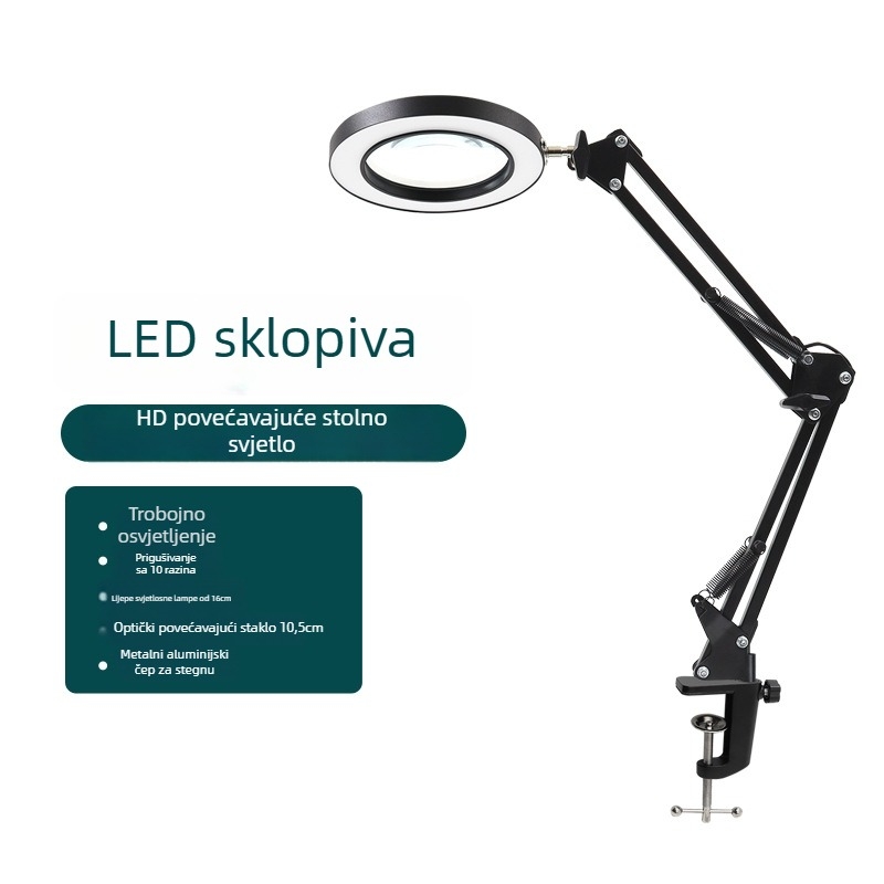 Sklopiva lampica s lupom za šminkanje, manikuru i trepavice – USB napajanje, metalni sjenilnik, gumbni prekidač, CRI 80–89, stolna lampa za čitanje i učenje