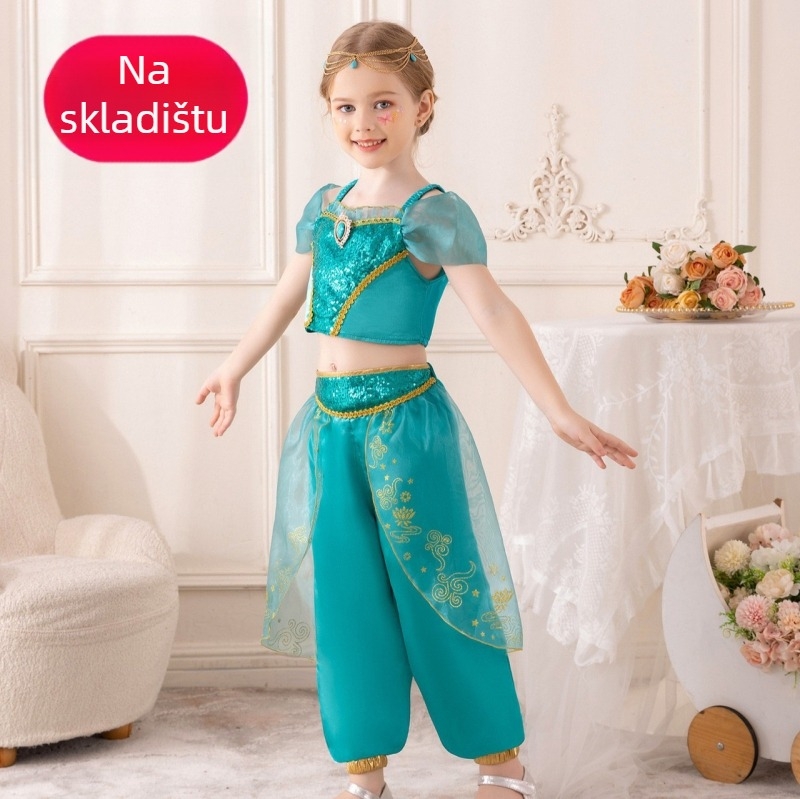 Dječja Jasmine princeza haljina za djevojčice - tkanina od pamuk-mješavine, glavni materijal 100% poliester, jednobojna, kratka rukava, ljeto 2024