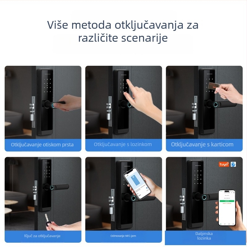 Nice K8 Drvena vrata biometrijska pamet za otključavanje - bez bušenja; pohranjuje do 100 otisaka prstiju; otključavanje ispod 0.5 s; FAR <0.5%; FRR <0.5%; podržava otisak, karticu, lozinku, ključ i daljinsko otključavanje; za unutarnje drvene vrata.