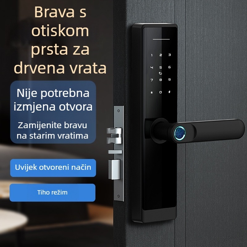 Nice K8 Drvena vrata biometrijska pamet za otključavanje - bez bušenja; pohranjuje do 100 otisaka prstiju; otključavanje ispod 0.5 s; FAR <0.5%; FRR <0.5%; podržava otisak, karticu, lozinku, ključ i daljinsko otključavanje; za unutarnje drvene vrata.