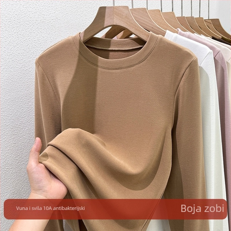 Pleteni T-shirt od akrilnih vlakana, dugi rukavi, okrugli izrez, elegantan gradski stil, zima 2025