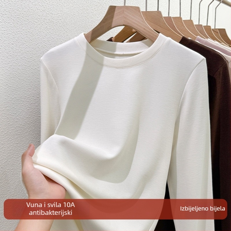 Pleteni T-shirt od akrilnih vlakana, dugi rukavi, okrugli izrez, elegantan gradski stil, zima 2025