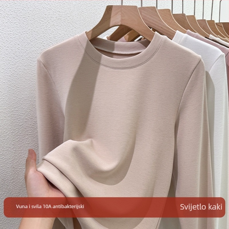 Pleteni T-shirt od akrilnih vlakana, dugi rukavi, okrugli izrez, elegantan gradski stil, zima 2025