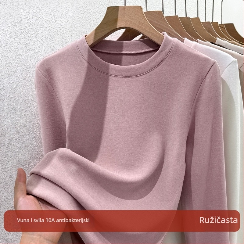 Pleteni T-shirt od akrilnih vlakana, dugi rukavi, okrugli izrez, elegantan gradski stil, zima 2025