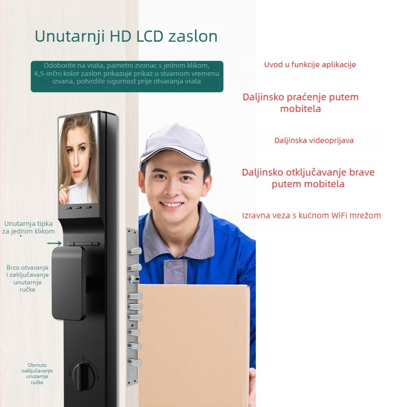 Pametni brava s prepoznavanjem lica i otiskom prsta, aluminijsko kućište, FD-02 model, kod 9008, za vrata protiv krađe, drvena i ulazna vrata