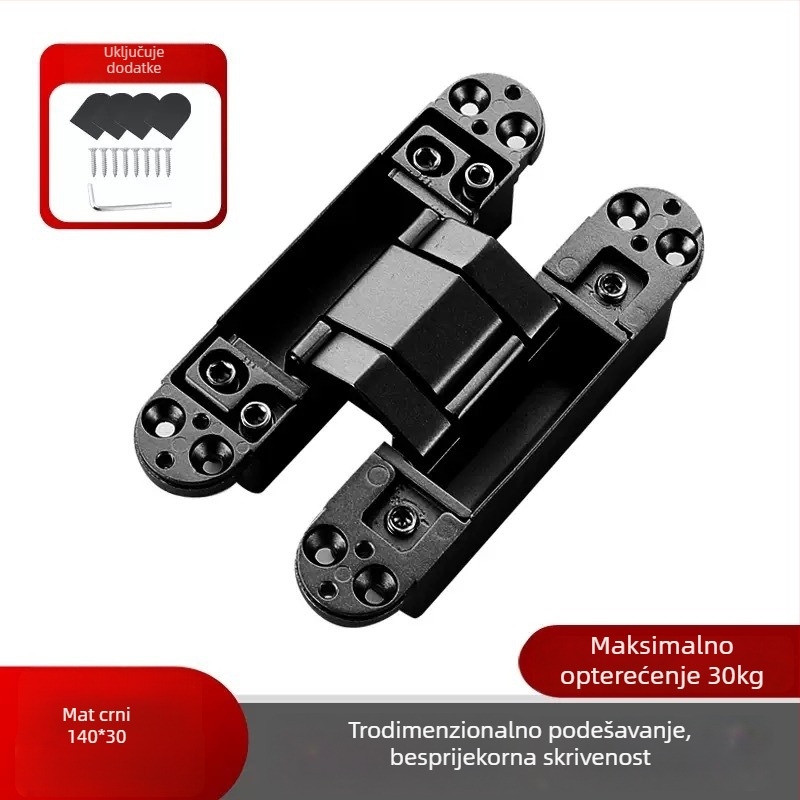 Trodimenzionalno prilagodljiva skrivena šarka, automatsko zatvaranje, tih rad, cinkov legura, debljina 2 mm, završna obrada: elektroplatiranje i prskanje