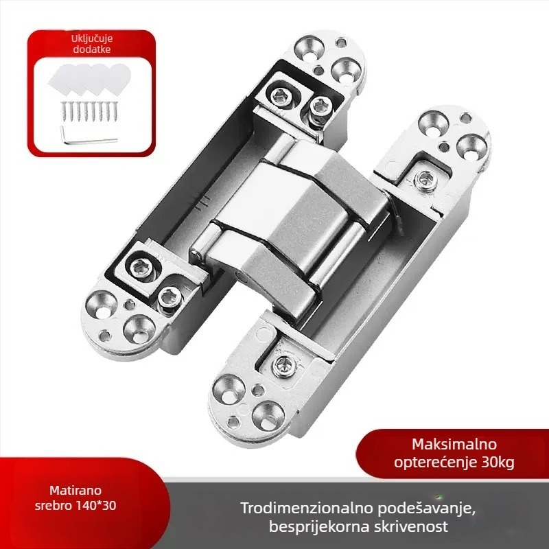 Trodimenzionalno prilagodljiva skrivena šarka, automatsko zatvaranje, tih rad, cinkov legura, debljina 2 mm, završna obrada: elektroplatiranje i prskanje