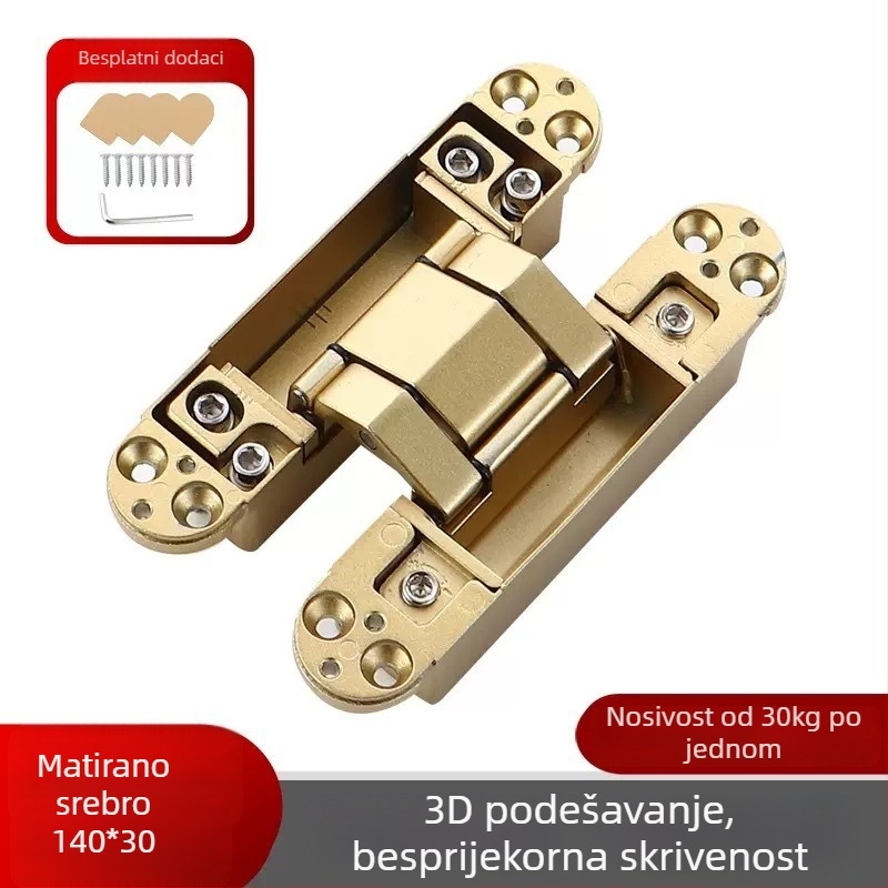 Trodimenzionalno prilagodljiva skrivena šarka, automatsko zatvaranje, tih rad, cinkov legura, debljina 2 mm, završna obrada: elektroplatiranje i prskanje