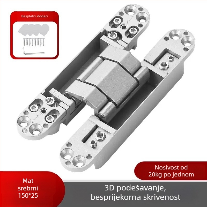 Trodimenzionalno prilagodljiva skrivena šarka, automatsko zatvaranje, tih rad, cinkov legura, debljina 2 mm, završna obrada: elektroplatiranje i prskanje