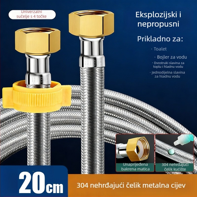 Vodovodni priključni crijevo od 304 nehrđajućeg čelika s metalnim opletom, univerzalna ugradnja, radna temperatura 80°C