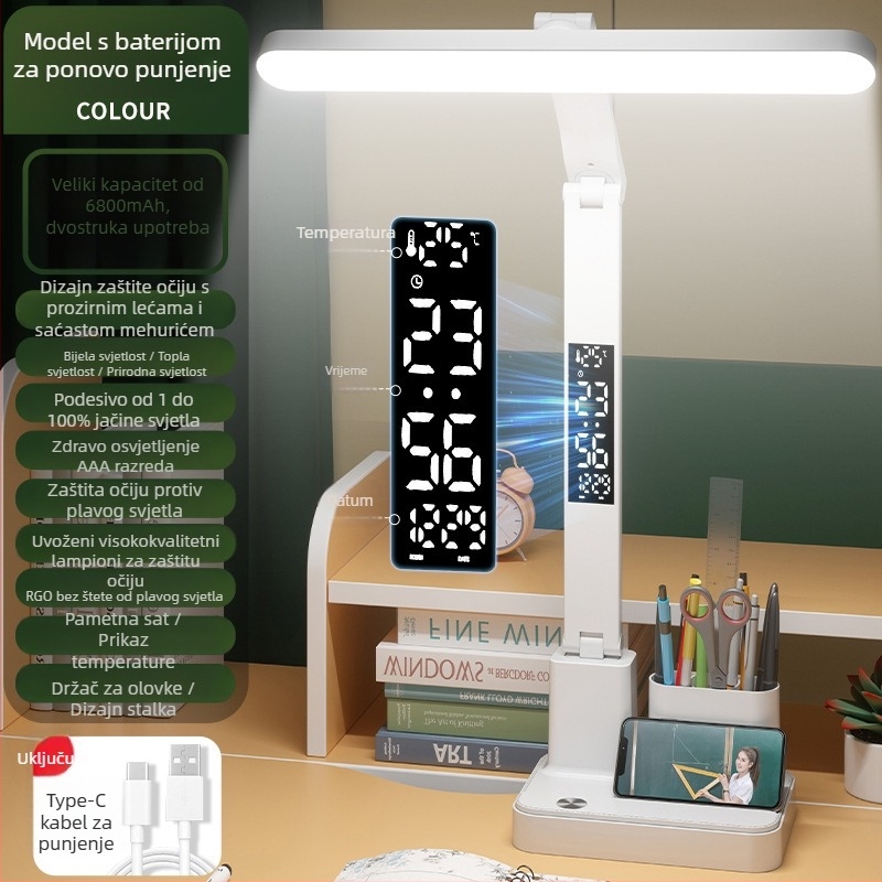 Višenamjenska stolna lampa s časom i zaštitom očiju – LED za učenje, dodirni prekidač, 6–10 W, CRI ≥95, ugrađena baterija, plastično sjenilo