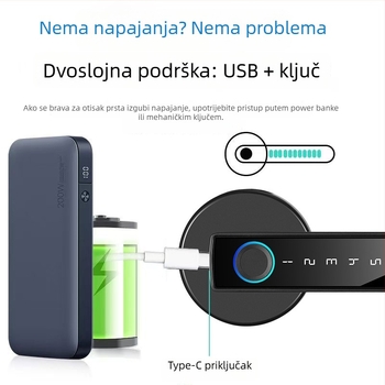 Sferni pametni brava otisaka prsta s jednim dodirom ručkom, model B1, za drvena/unutarnja vrata, kapacitet 100 otisaka prsta, 100000 otključavanja, DC napajanje