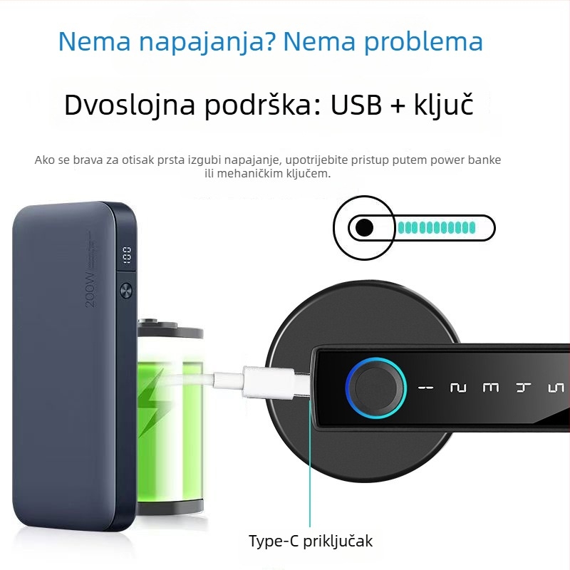 Sferni pametni brava otisaka prsta s jednim dodirom ručkom, model B1, za drvena/unutarnja vrata, kapacitet 100 otisaka prsta, 100000 otključavanja, DC napajanje