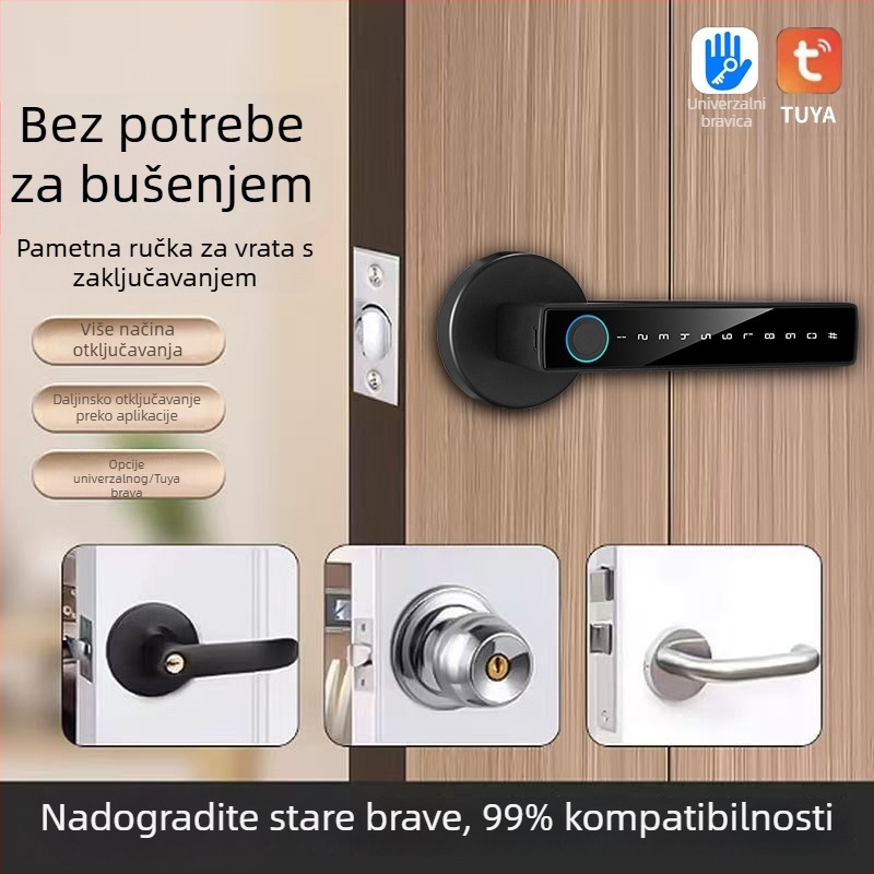 Sferni pametni brava otisaka prsta s jednim dodirom ručkom, model B1, za drvena/unutarnja vrata, kapacitet 100 otisaka prsta, 100000 otključavanja, DC napajanje