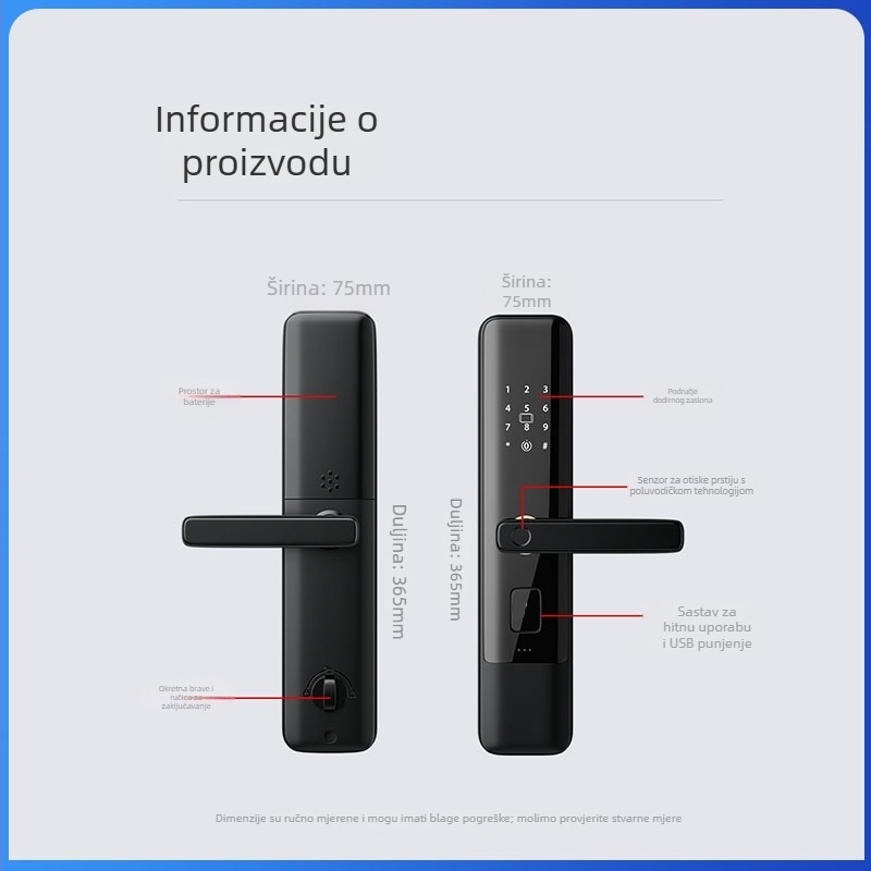 Pametna vrata zaključavanje s otiskom prsta i PIN-om, sigurnost razine C, moderni minimalistički dizajn, model SWR-B2-4, memorija otisaka 30 000, otključavanja 30 000, Solwell Technology