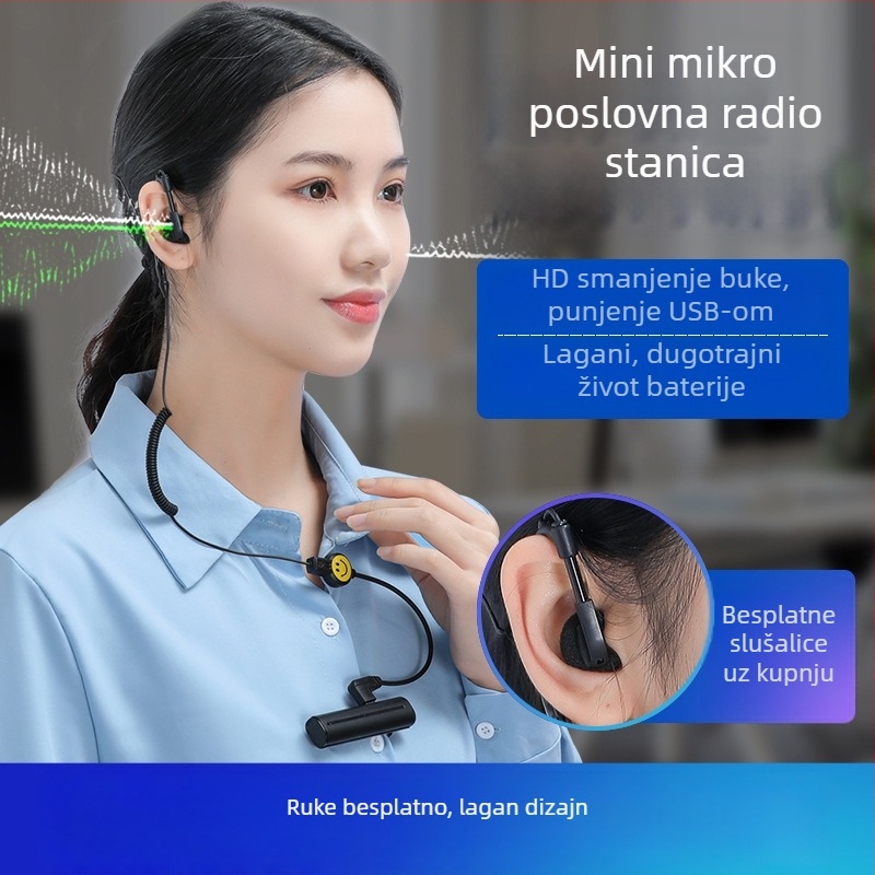 Bluetooth walkie-talkie s klipom na ovratnik za salone ljepote i frizerske usluge — 2W, 16 kanala, domet 1,5–3 km, Li‑ion baterija 1200 mAh