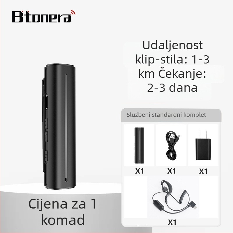 Bluetooth walkie-talkie s klipom na ovratnik za salone ljepote i frizerske usluge — 2W, 16 kanala, domet 1,5–3 km, Li‑ion baterija 1200 mAh
