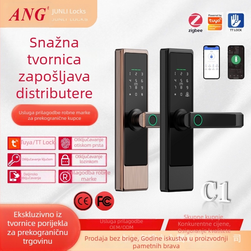 Pametni brava za unutarnja drvena vrata s otiskom prsta — aluminijska legura, model C1, debljina brave 0,8 mm, razmak 1,0 mm, stil lagan luksuz