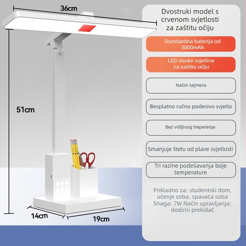 Lampa za učenje s zaštitom vida – dodirna kontrola, ugrađena litijska baterija, 7W, CRI 80–89, napon ≤36V