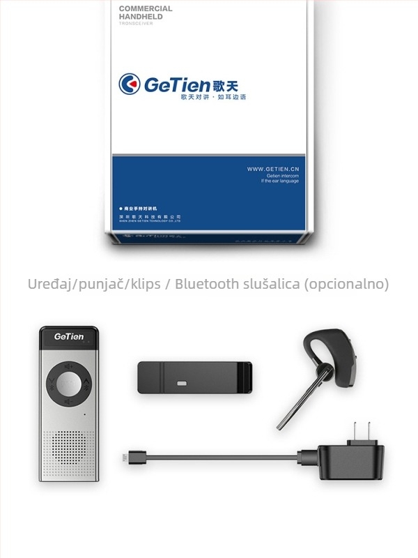 Getien Bluetooth interkom — kompaktno bežično kućište za male hotele i usluge ugostiteljstva; Raspon frekvencija: 430 MHz; Teorijski domet komunikacije: 1,5–3 km; Tip baterije: litij; Kapacitet baterije: 600; Tip mreže: radio mreža