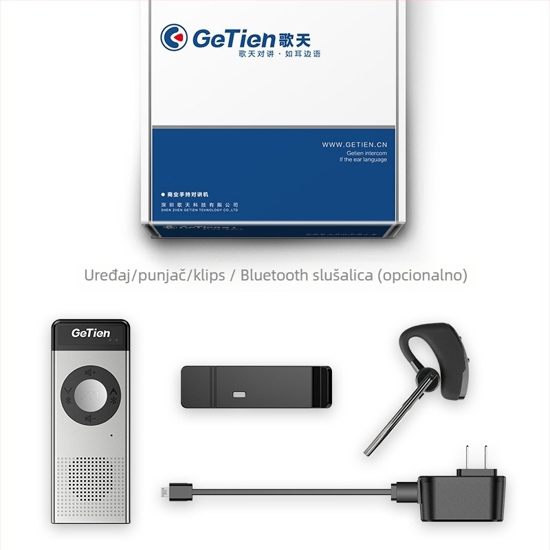 Getien Bluetooth interkom — kompaktno bežično kućište za male hotele i usluge ugostiteljstva; Raspon frekvencija: 430 MHz; Teorijski domet komunikacije: 1,5–3 km; Tip baterije: litij; Kapacitet baterije: 600; Tip mreže: radio mreža