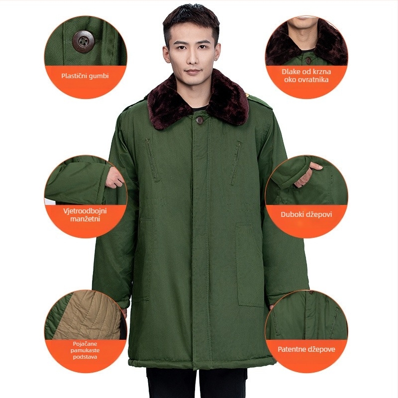 Zimski kaput od pamuka s fleksi podstavom, kapuljačom, dugačak kroj, punilo od pamuka, jednoredno zatvaranje, za odrasle muškarce.