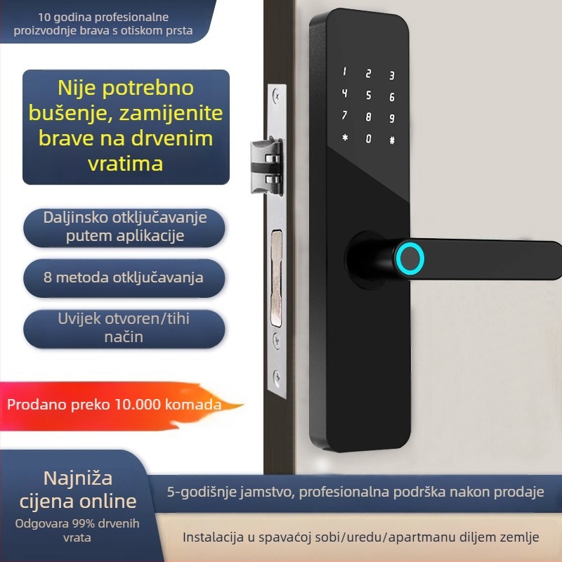 Pametna brava za drvena vrata - otisak prsta, lozinka, IC kartica, daljinsko otključavanje; pohrana 50 otisaka, >100000 otključavanja, vrijeme skeniranja 0,1 s, napajanje baterijama