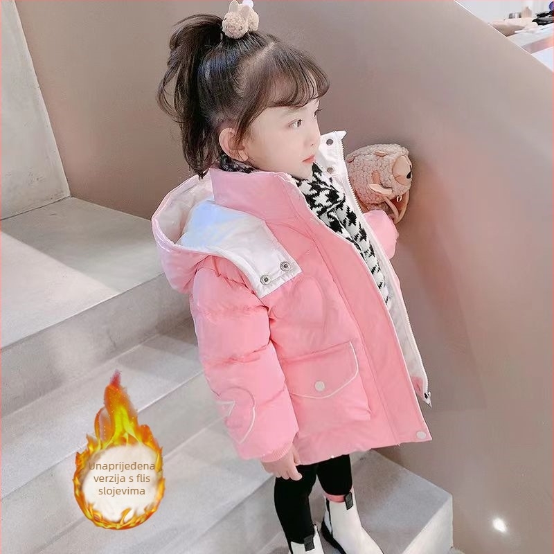 Dječji zimski kaput za djevojčice s kapuljačom, korejski stil, vanjski i podstavni materijal od Vinylon 100%, uzorak s slovima