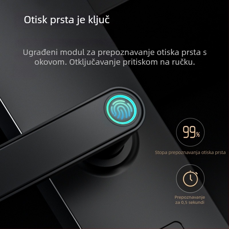 Bork V10S Pametna brava za vrata s otiskom prsta, 100 pohranjenih otisaka, 1.000.000 otključavanja, skeniranje 0,001 s, lažno prihvaćanje 0,01%, radna temperatura -10 do 65°C