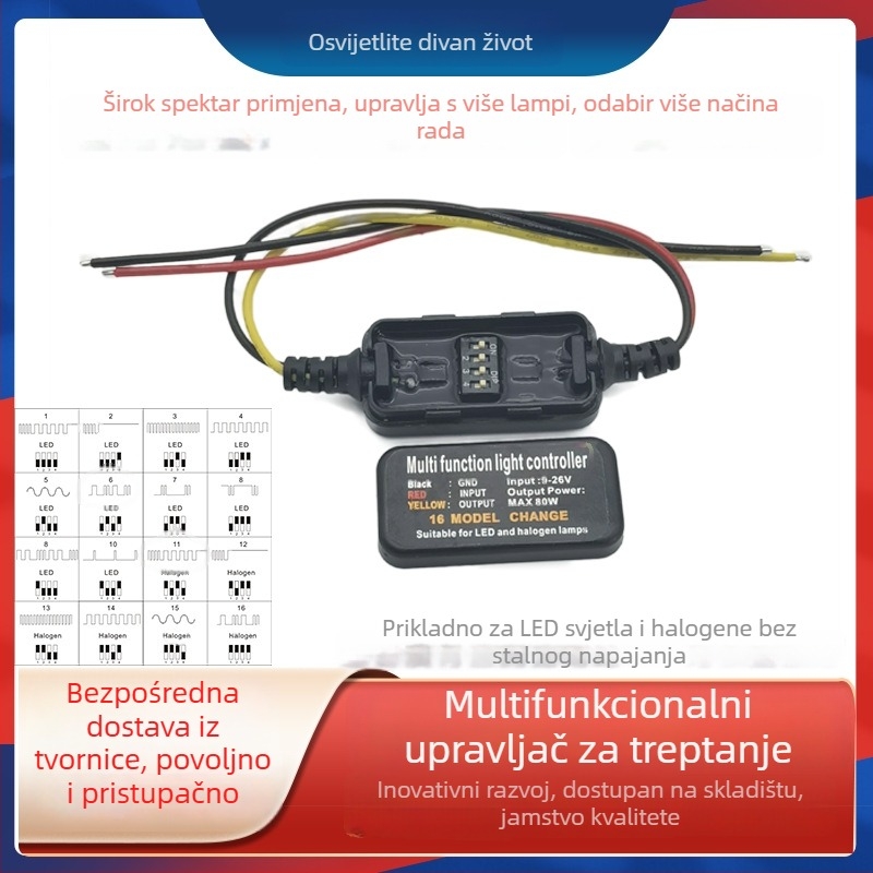 Automobilski električni upravljački modul — 16-funkcijski nadogradni modul za svjetla kočnice s strobom i dišućim upozoravajućim svjetlom, model LF-CON, ABS kućište, dimenzije 105×95×30 mm, maksimalna snaga 80W