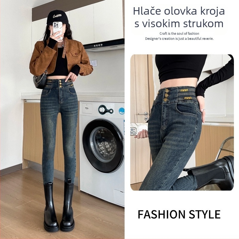 Ženske farmerice s flis podstavom, debeli, visoki struk, uski kroj, pamuk-elastan denim