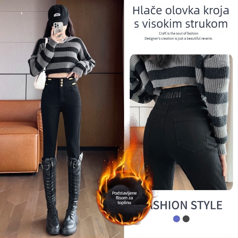 Ženske farmerice s flis podstavom, debeli, visoki struk, uski kroj, pamuk-elastan denim