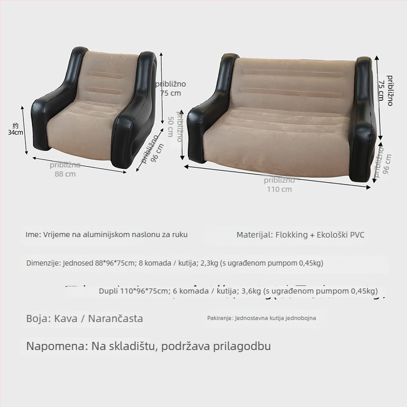 Naduvljivi kauč s naslonom – kamping kauč za 1 ili 2 osobe, PVC flocking, debljina 0,55 mm, težina 5 kg