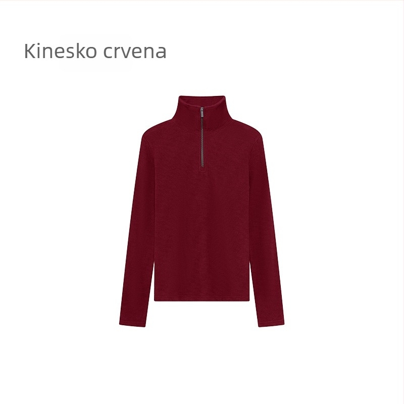 Ženski velur kapuljača dukserica s polu visokim ovratnikom i zatvaračem, debela tkanina, dugi rukavi, standardan kroj, smjesa akrila i celuloze