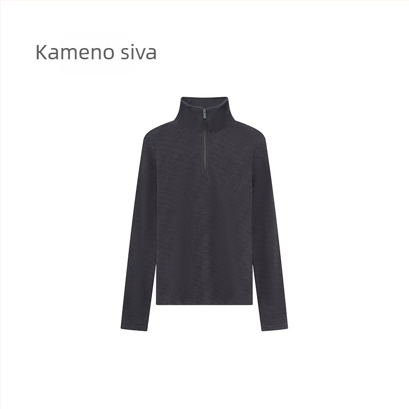 Ženski velur kapuljača dukserica s polu visokim ovratnikom i zatvaračem, debela tkanina, dugi rukavi, standardan kroj, smjesa akrila i celuloze