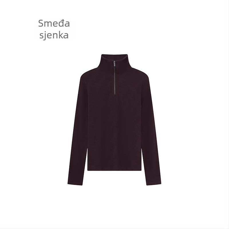 Ženski velur kapuljača dukserica s polu visokim ovratnikom i zatvaračem, debela tkanina, dugi rukavi, standardan kroj, smjesa akrila i celuloze
