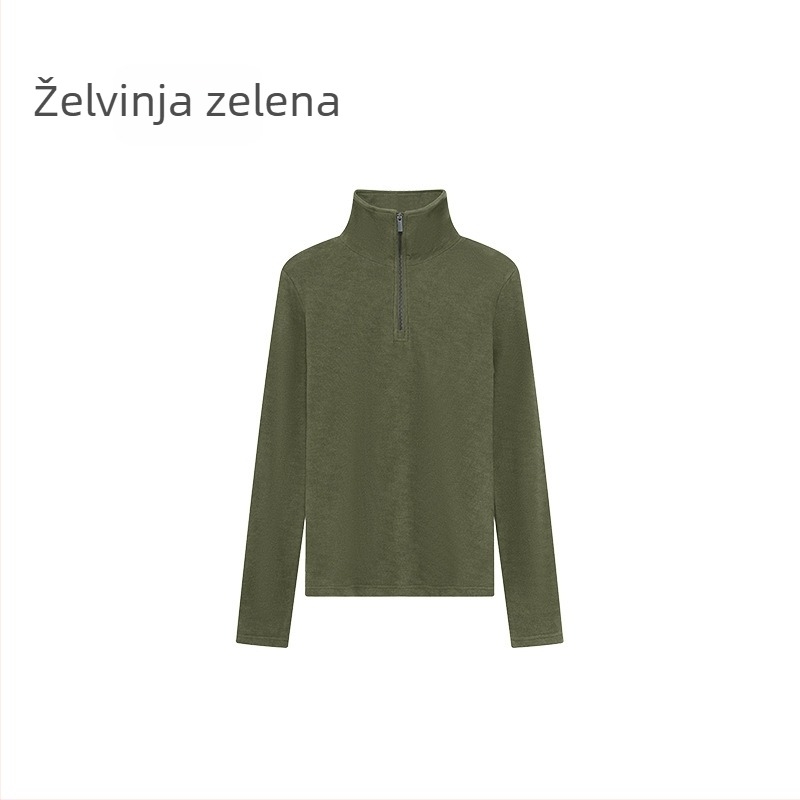 Ženski velur kapuljača dukserica s polu visokim ovratnikom i zatvaračem, debela tkanina, dugi rukavi, standardan kroj, smjesa akrila i celuloze