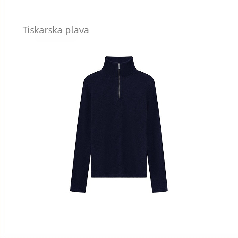 Ženski velur kapuljača dukserica s polu visokim ovratnikom i zatvaračem, debela tkanina, dugi rukavi, standardan kroj, smjesa akrila i celuloze